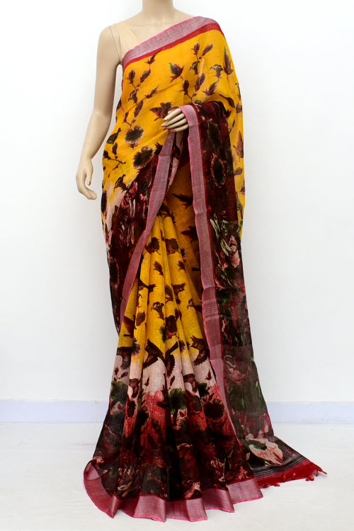 Yellow Printed Pure Linen Cotton Saree 16296