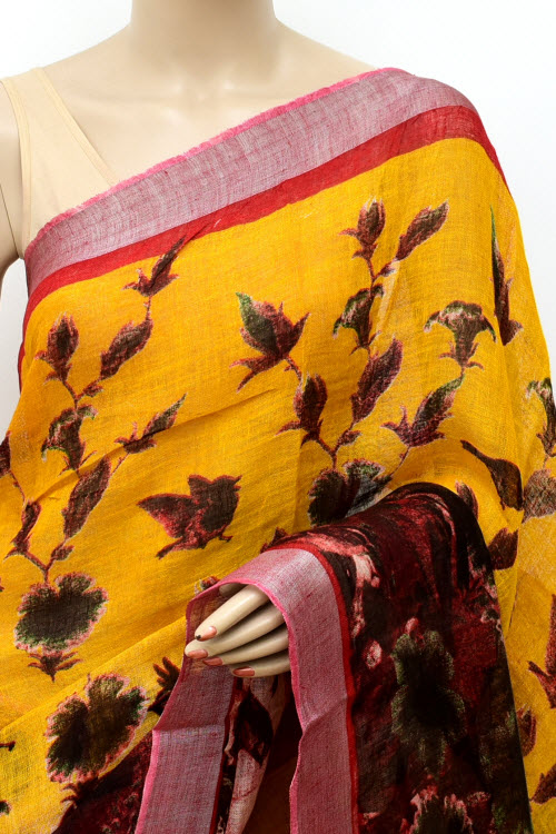 Yellow Printed Pure Linen Cotton Saree 16296