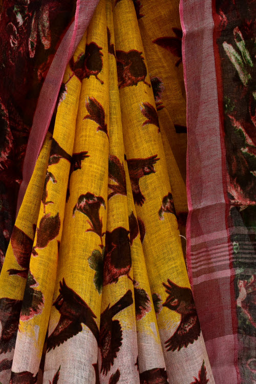 Yellow Printed Pure Linen Cotton Saree 16296