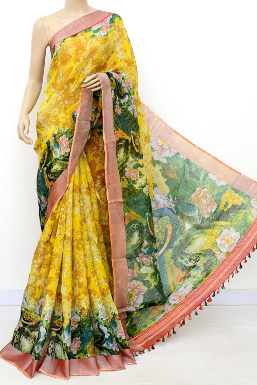 Yellow Printed Pure Linen Cotton Saree 16298