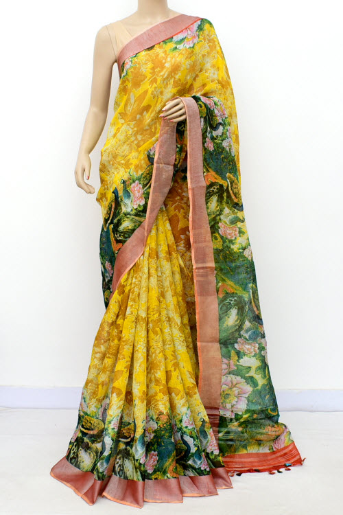 Yellow Printed Pure Linen Cotton Saree 16298