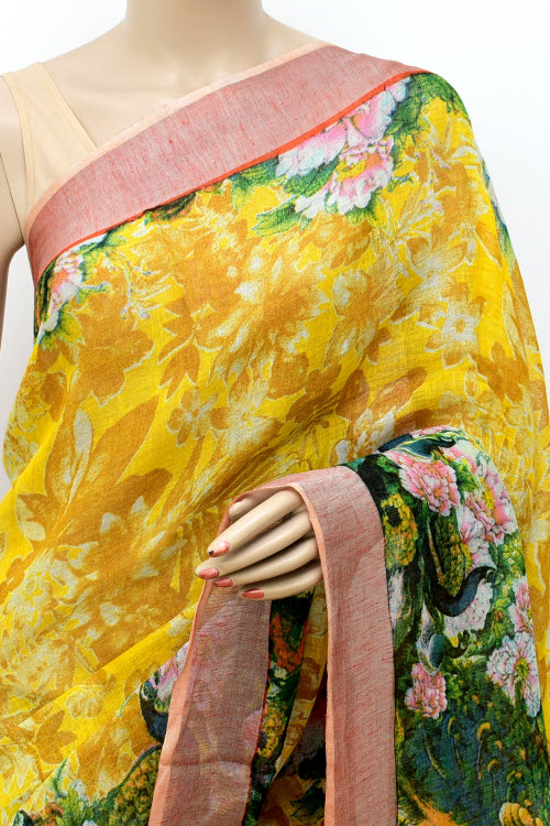 Yellow Printed Pure Linen Cotton Saree 16298
