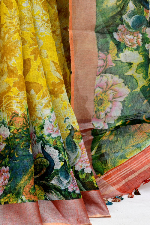 Yellow Printed Pure Linen Cotton Saree 16298