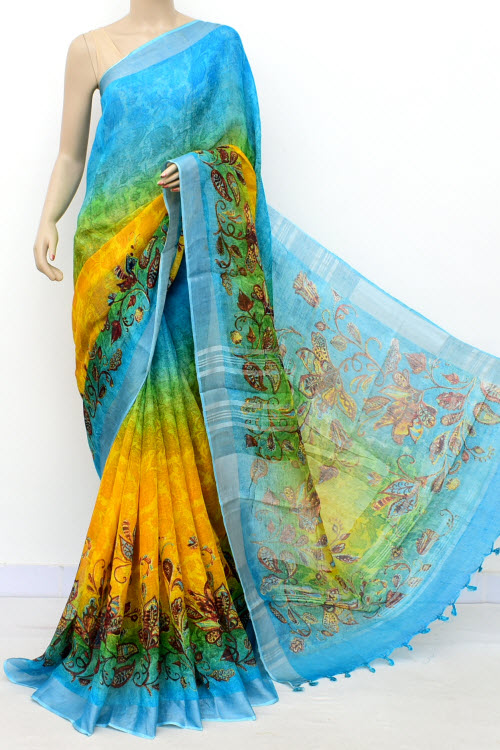 Yellow-Pherozi Printed Pure Linen Cotton Saree 16300