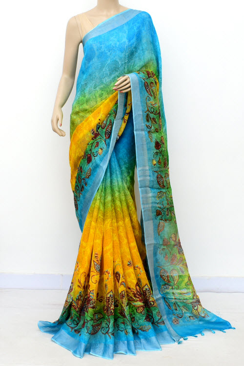 Yellow-Pherozi Printed Pure Linen Cotton Saree 16300
