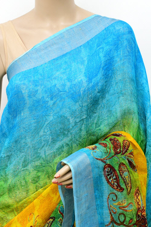 Yellow-Pherozi Printed Pure Linen Cotton Saree 16300