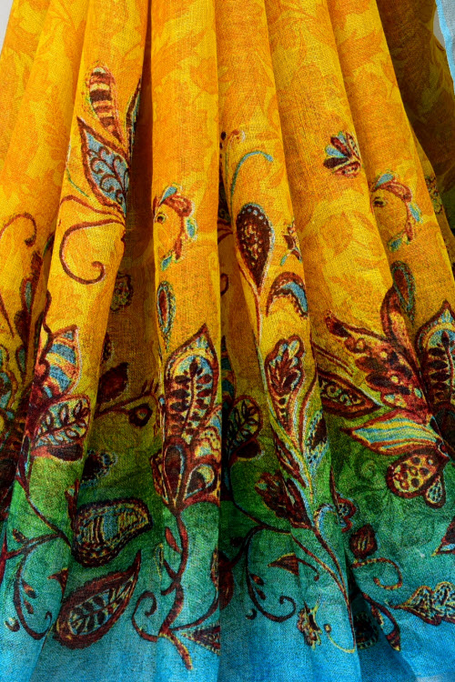 Yellow-Pherozi Printed Pure Linen Cotton Saree 16300