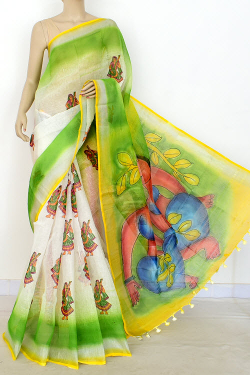 Yellow-Green Hand-Printed Pure Linen Cotton Saree with Blouse 16301