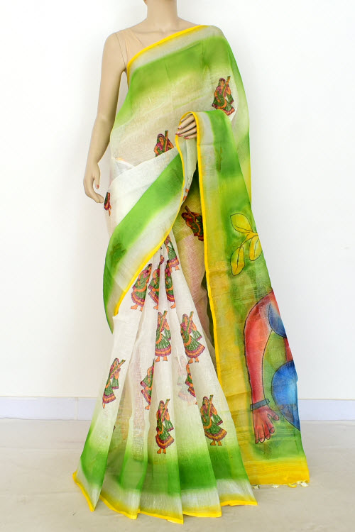 Yellow-Green Hand-Printed Pure Linen Cotton Saree (with Blouse) 16301