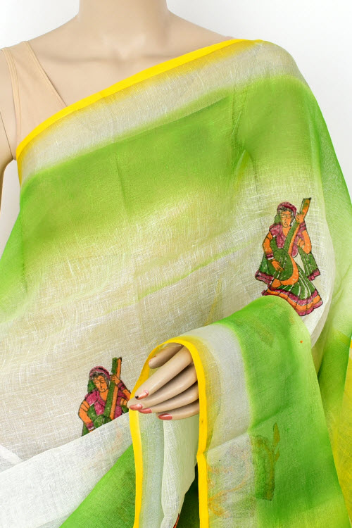 Yellow-Green Hand-Printed Pure Linen Cotton Saree with Blouse 16301