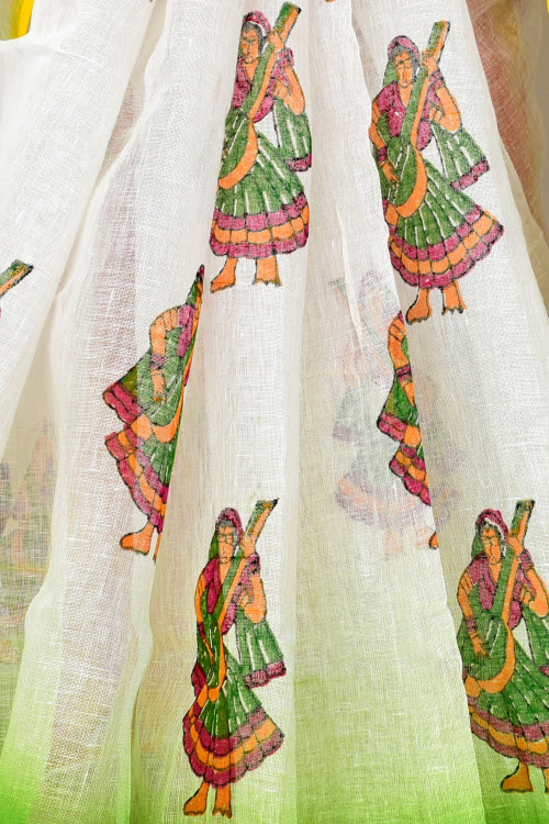 Yellow-Green Hand-Printed Pure Linen Cotton Saree with Blouse 16301