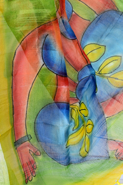 Yellow-Green Hand-Printed Pure Linen Cotton Saree with Blouse 16301