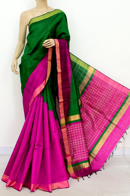 Green-Rani Pink Handloom Katan Silk Saree 16310