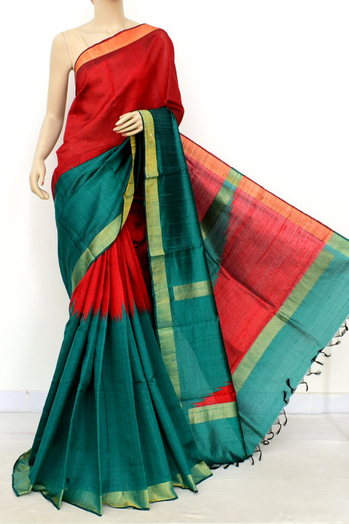 Green-Red Handloom Katan Silk Saree 16313