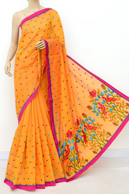 Golden Yellow Embroidered Mercerized Cotton Saree