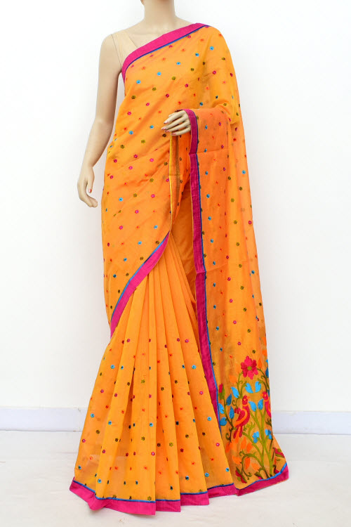 Golden Yellow Embroidered Mercerized Cotton Saree