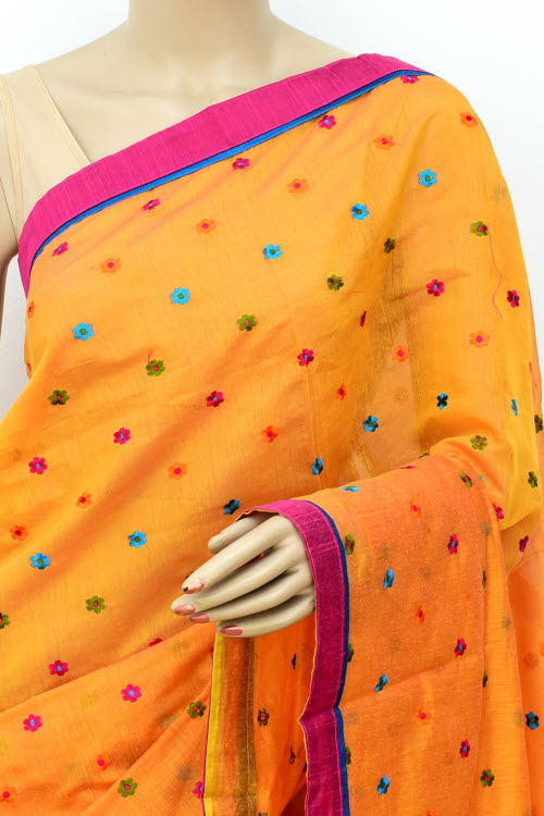 Golden Yellow Embroidered Mercerized Cotton Saree