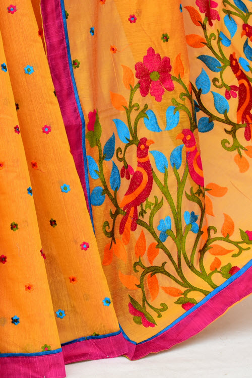 Golden Yellow Embroidered Mercerized Cotton Saree