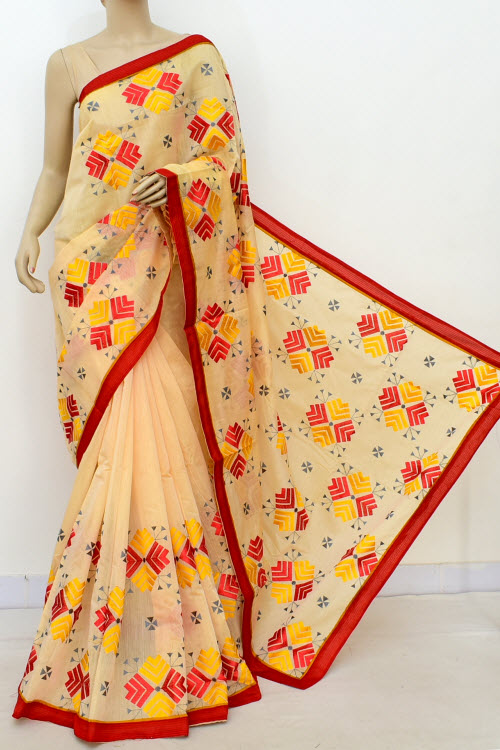 Yellow-Red Embroidered Mercerized Cotton Saree