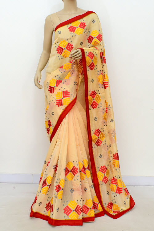 Yellow-Red Embroidered Mercerized Cotton Saree