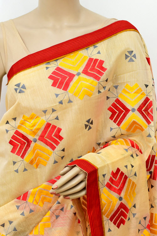 Yellow-Red Embroidered Mercerized Cotton Saree