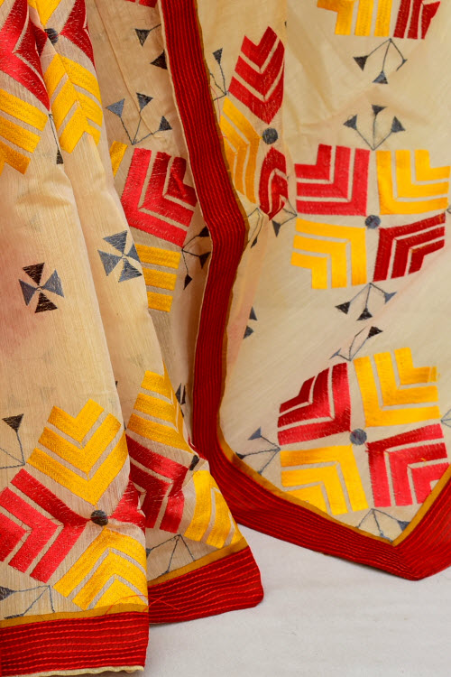 Yellow-Red Embroidered Mercerized Cotton Saree