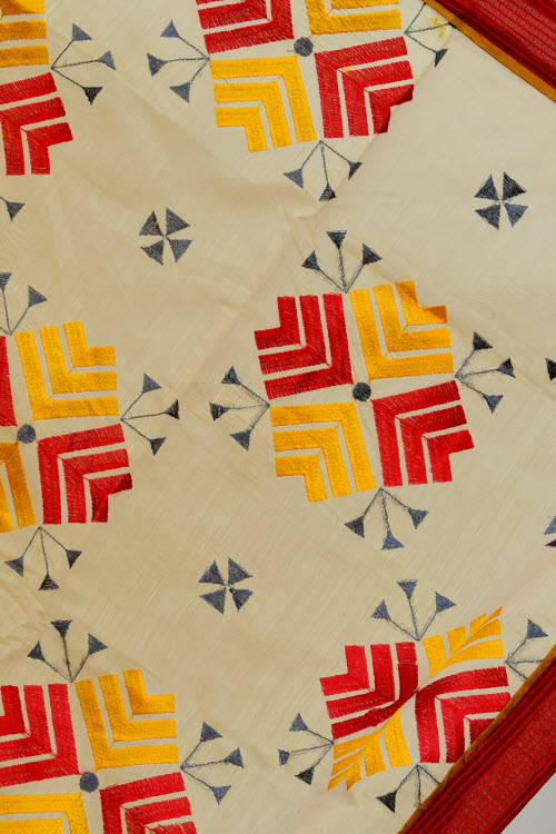 Yellow-Red Embroidered Mercerized Cotton Saree