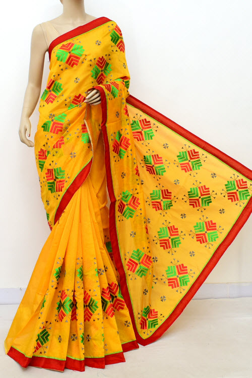 Yellow-Red Embroidered Mercerized Cotton Saree