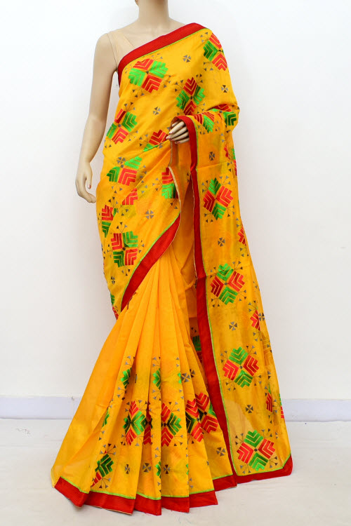 Yellow-Red Embroidered Mercerized Cotton Saree