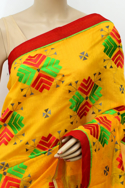 Yellow-Red Embroidered Mercerized Cotton Saree