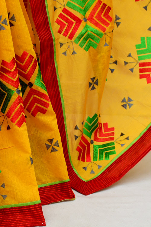 Yellow-Red Embroidered Mercerized Cotton Saree