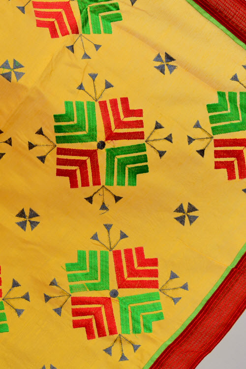 Yellow-Red Embroidered Mercerized Cotton Saree