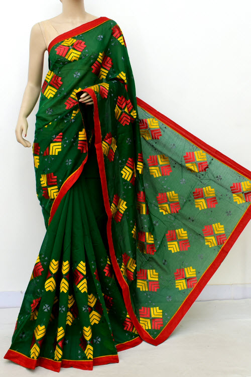 Bottle Green Embroidered Mercerized Cotton Saree