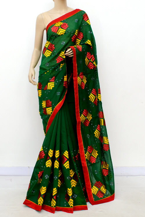 Bottle Green Embroidered Mercerized Cotton Saree