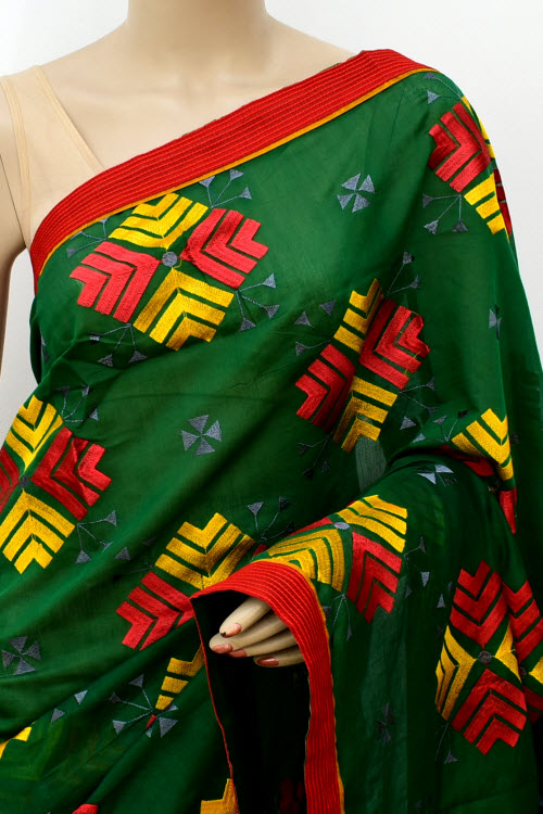 Bottle Green Embroidered Mercerized Cotton Saree