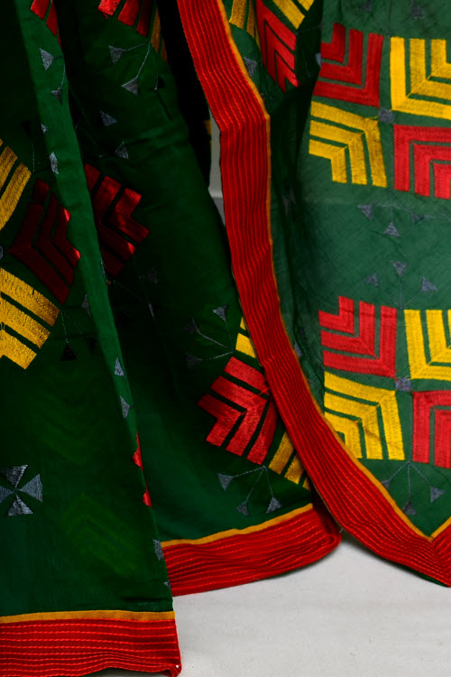 Bottle Green Embroidered Mercerized Cotton Saree