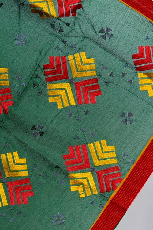 Bottle Green Embroidered Mercerized Cotton Saree