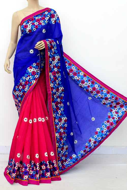 Red-Blue Embroidered Mercerized Cotton Saree