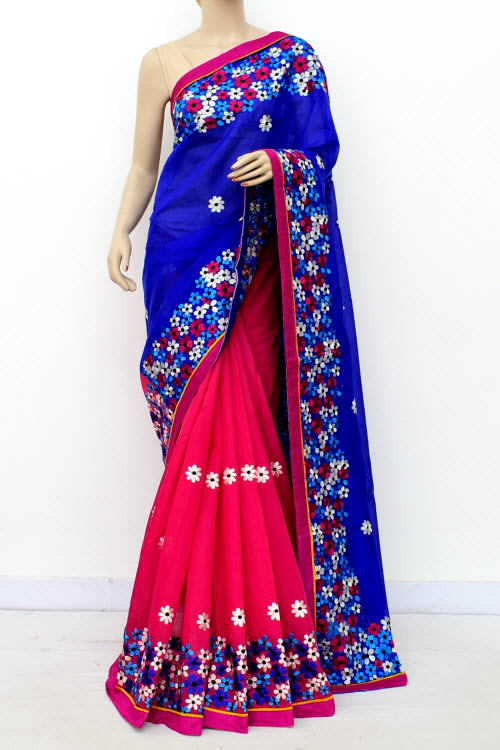 Red-Blue Embroidered Mercerized Cotton Saree
