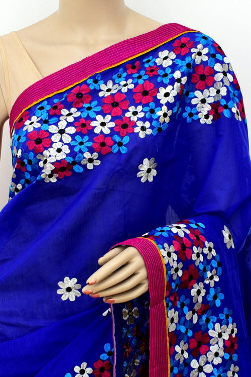 Red-Blue Embroidered Mercerized Cotton Saree