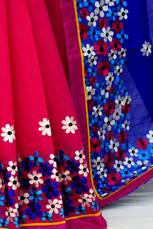 Red-Blue Embroidered Mercerized Cotton Saree