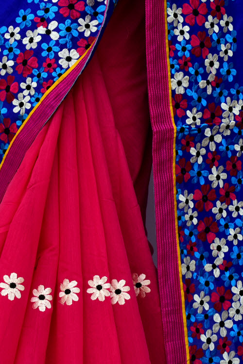 Red-Blue Embroidered Mercerized Cotton Saree