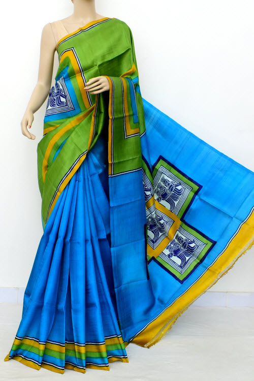 Pherozi Blue-Green Handloom Pure Silk Saree 16328