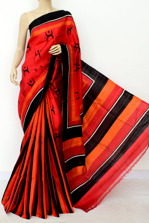Red-Orange-Black Handloom Pure Silk Saree 16347