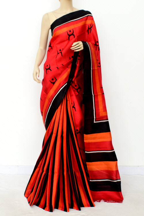 Red-Orange-Black Handloom Pure Silk Saree 16347