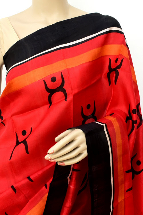 Red-Orange-Black Handloom Pure Silk Saree 16347