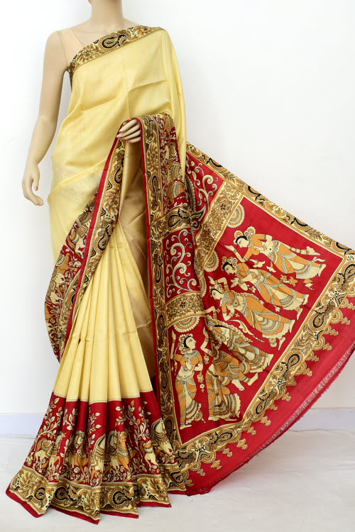 Cream-Maroon Handloom Pure Silk Saree 16359