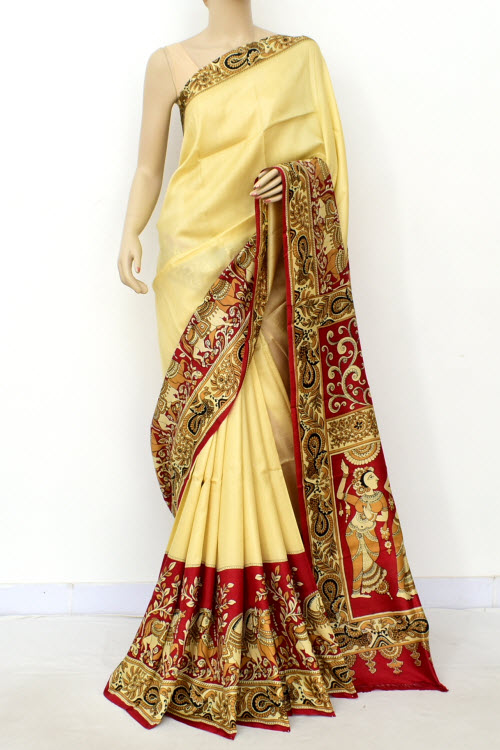 Cream-Maroon Handloom Pure Silk Saree 16359