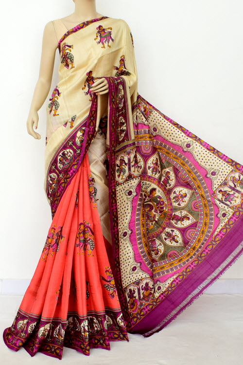 Cream-Peach-Magenta Handloom Pure Silk Saree 16360
