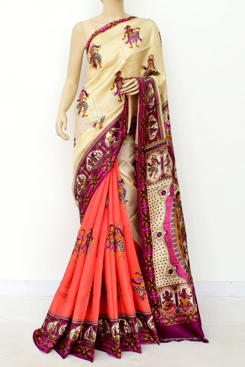 Cream-Peach-Magenta Handloom Pure Silk Saree 16360